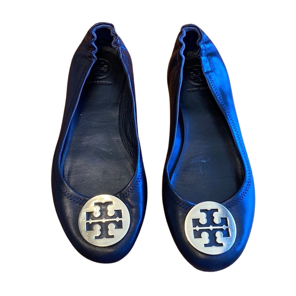 Tory Burch Womens Size 8 Black and Gold Leather Minnie Travel Ballet Flats